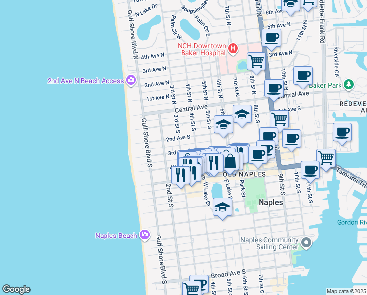 map of restaurants, bars, coffee shops, grocery stores, and more near 311 3rd Avenue South in Naples