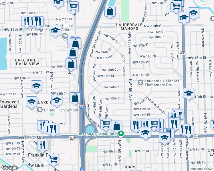 map of restaurants, bars, coffee shops, grocery stores, and more near 1633 Northwest 14th Street in Fort Lauderdale