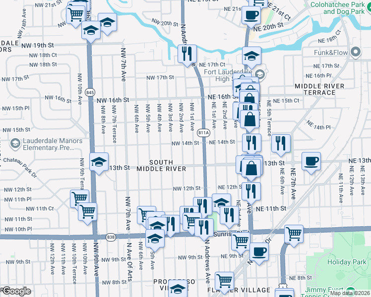 map of restaurants, bars, coffee shops, grocery stores, and more near 1337 Northwest 2nd Avenue in Fort Lauderdale