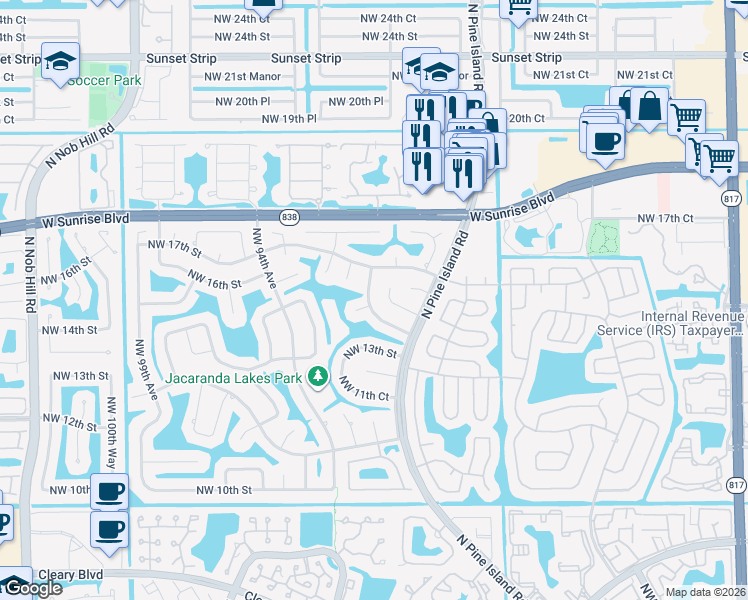 map of restaurants, bars, coffee shops, grocery stores, and more near 1450 Northwest 92nd Avenue in Plantation