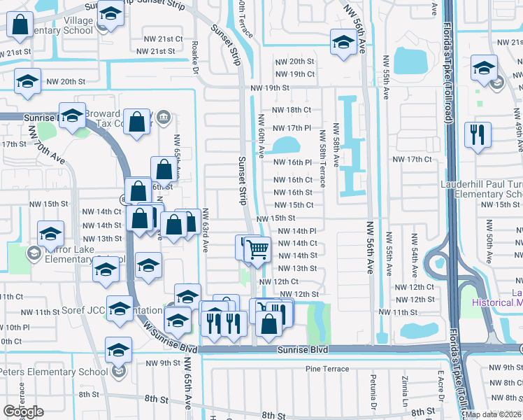 map of restaurants, bars, coffee shops, grocery stores, and more near 1511 Northwest 60th Avenue in Sunrise