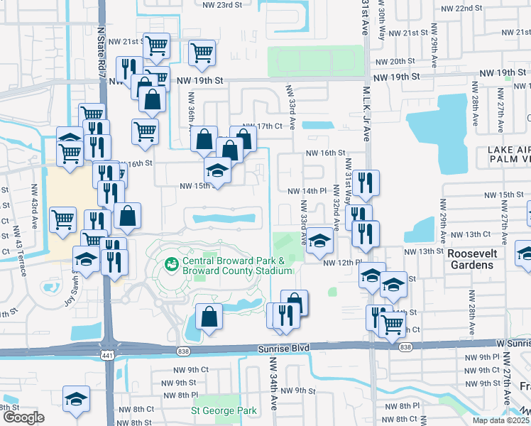 map of restaurants, bars, coffee shops, grocery stores, and more near 1436 Northwest 34th Way in Lauderhill