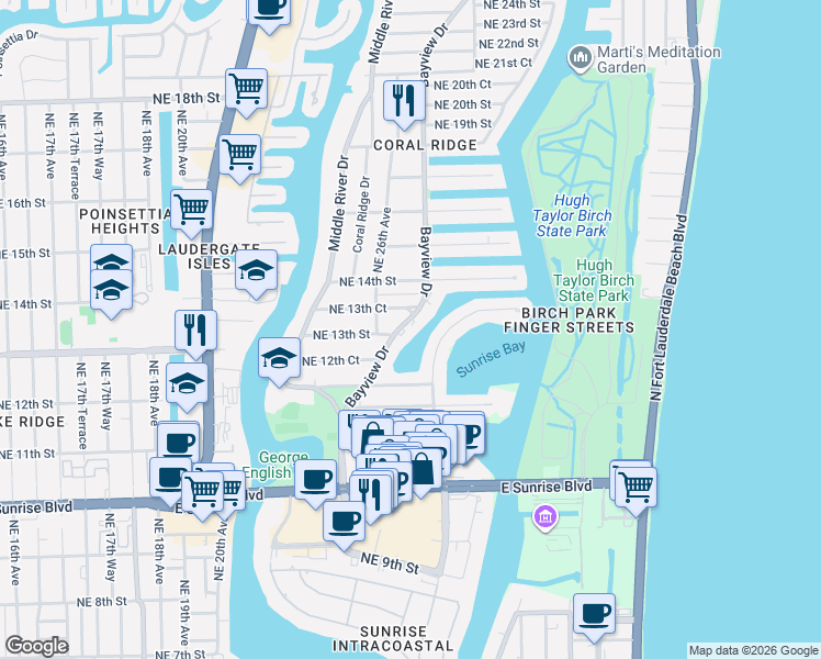 map of restaurants, bars, coffee shops, grocery stores, and more near 1312 Bayview Drive in Fort Lauderdale