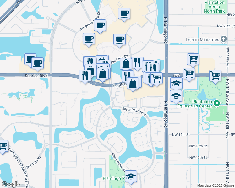 map of restaurants, bars, coffee shops, grocery stores, and more near 1630 Northwest 128th Drive in Sunrise