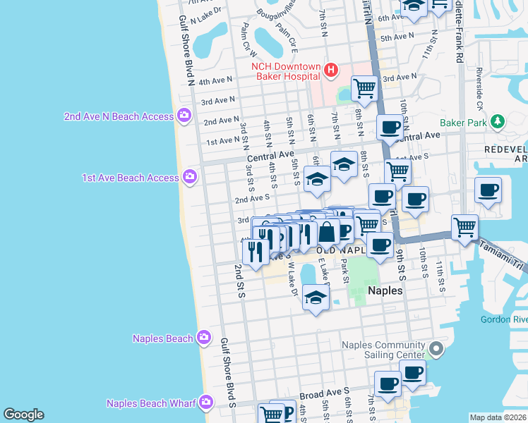 map of restaurants, bars, coffee shops, grocery stores, and more near 385 3rd Avenue South in Naples