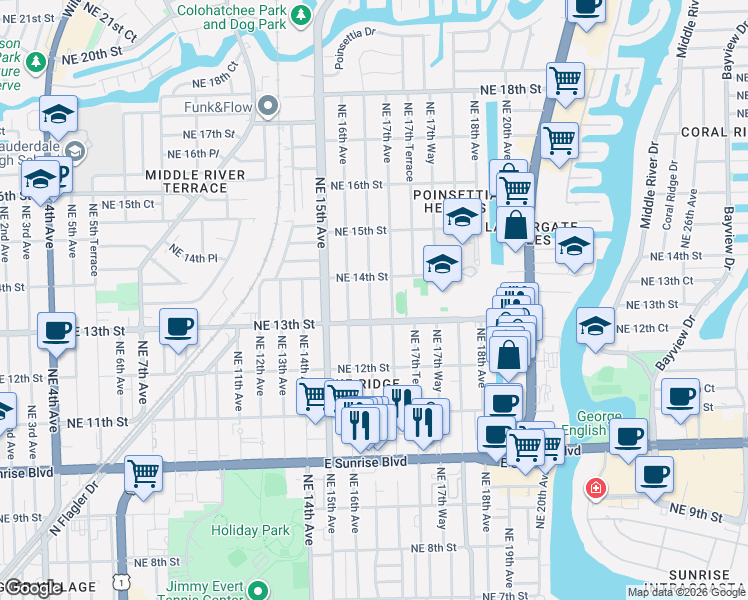 map of restaurants, bars, coffee shops, grocery stores, and more near 1326 Northeast 16th Terrace in Fort Lauderdale