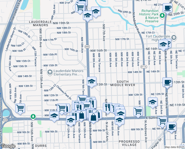 map of restaurants, bars, coffee shops, grocery stores, and more near 1340 Northwest 9th Avenue in Fort Lauderdale