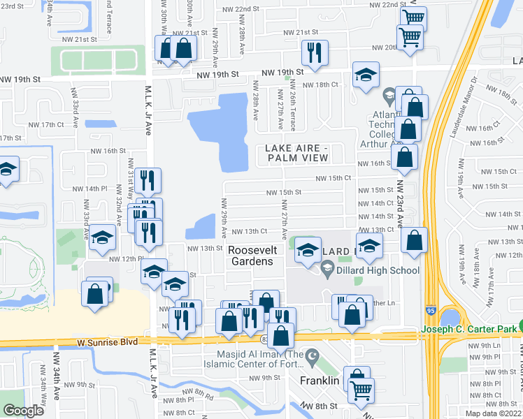 map of restaurants, bars, coffee shops, grocery stores, and more near 2730 Northwest 14th Court in Fort Lauderdale