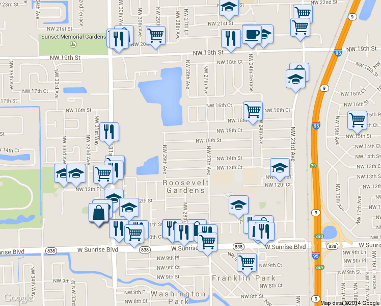 map of restaurants, bars, coffee shops, grocery stores, and more near 2730 Northwest 14th Court in Fort Lauderdale