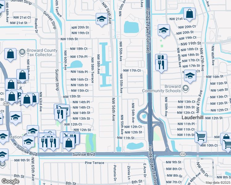 map of restaurants, bars, coffee shops, grocery stores, and more near 5600 Northwest 16th Street in Lauderhill