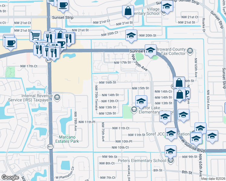 map of restaurants, bars, coffee shops, grocery stores, and more near 7440 Northwest 15th Street in Plantation