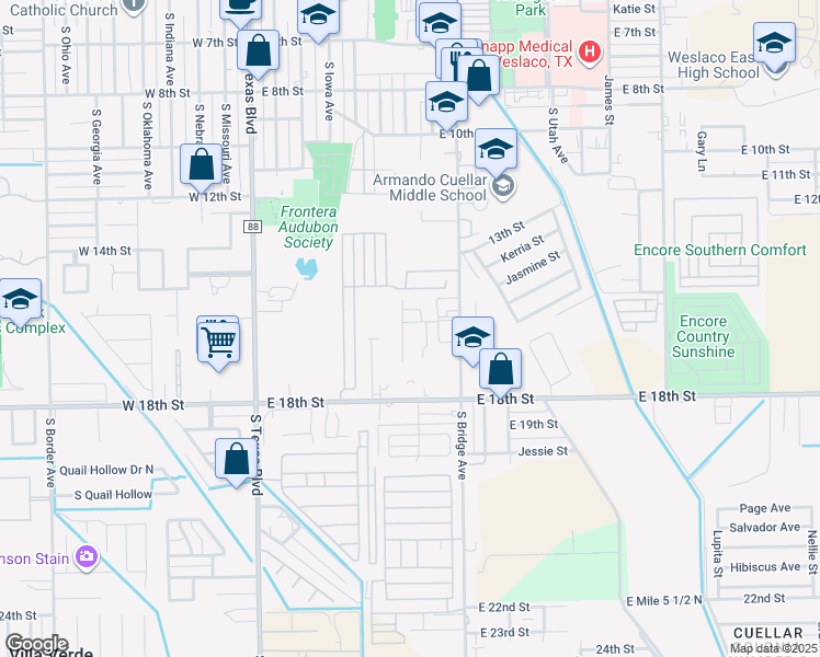 map of restaurants, bars, coffee shops, grocery stores, and more near 1601 South Oregon Avenue in Weslaco