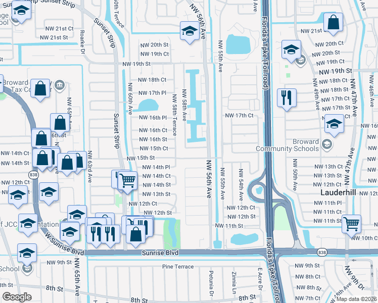 map of restaurants, bars, coffee shops, grocery stores, and more near 5716 Northwest 16th Street in Lauderhill