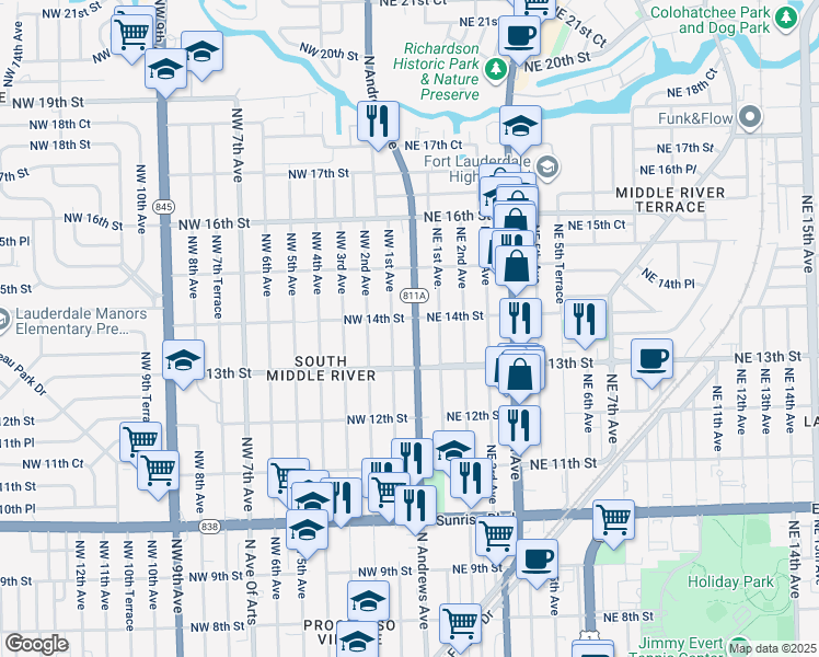 map of restaurants, bars, coffee shops, grocery stores, and more near 1335 North Andrews Avenue in Fort Lauderdale