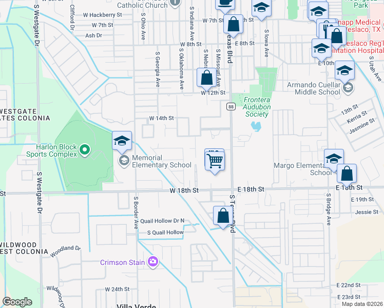 map of restaurants, bars, coffee shops, grocery stores, and more near 1514 Misty Lane in Weslaco