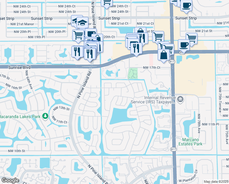 map of restaurants, bars, coffee shops, grocery stores, and more near 1591 Northwest 86th Terrace in Plantation