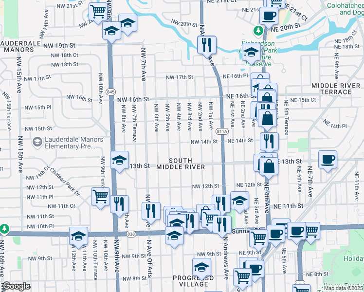 map of restaurants, bars, coffee shops, grocery stores, and more near 1340 Northwest 4th Avenue in Fort Lauderdale