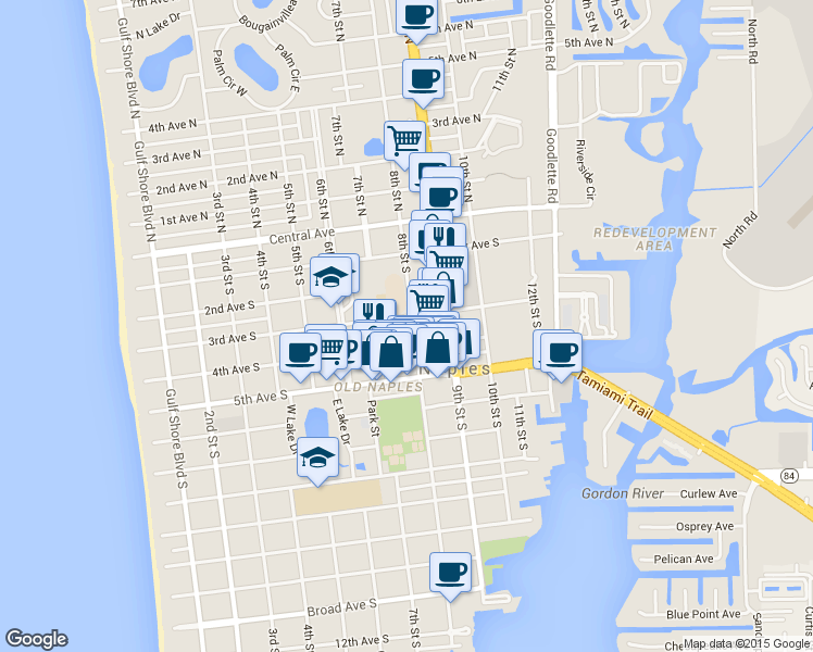 map of restaurants, bars, coffee shops, grocery stores, and more near 300 8th Street South in Naples