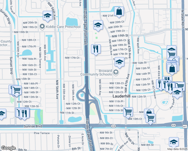 map of restaurants, bars, coffee shops, grocery stores, and more near 1421 Northwest 51st Avenue in Lauderhill