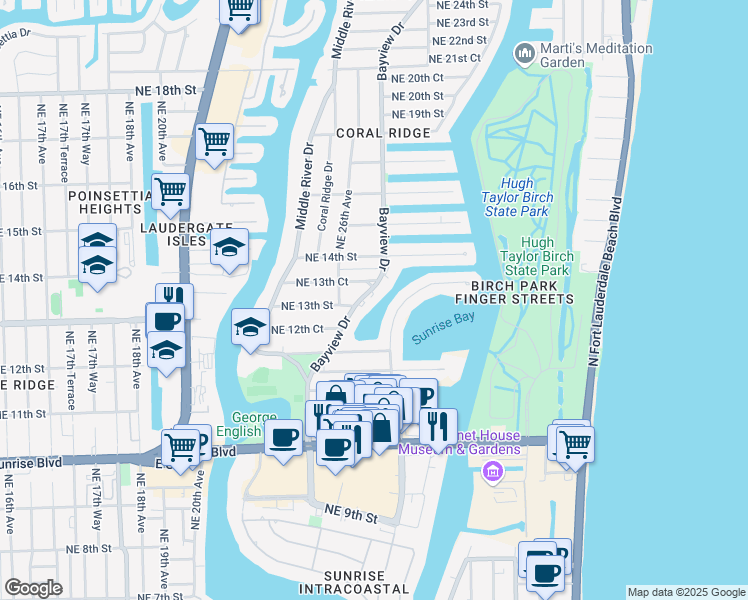 map of restaurants, bars, coffee shops, grocery stores, and more near 1312 Bayview Drive in Fort Lauderdale