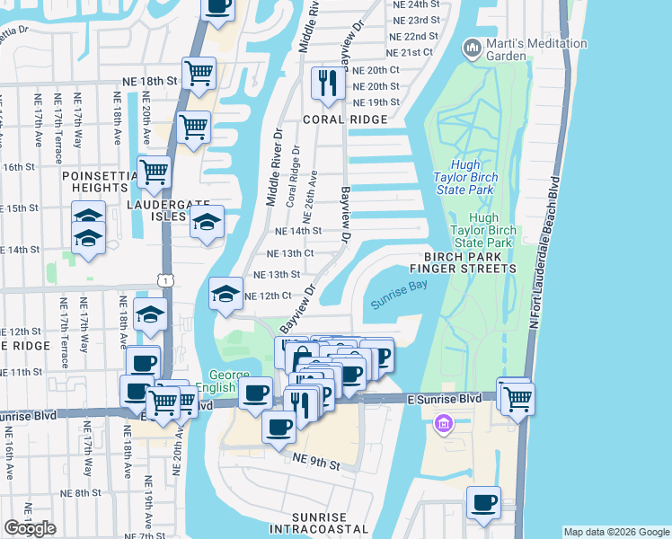 map of restaurants, bars, coffee shops, grocery stores, and more near 1312 Bayview Drive in Fort Lauderdale