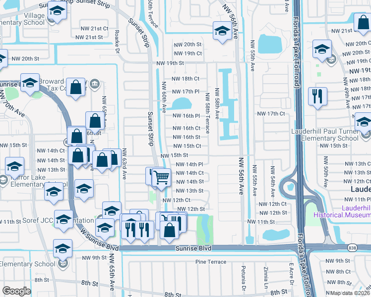 map of restaurants, bars, coffee shops, grocery stores, and more near 5936 Northwest 15th Court in Sunrise