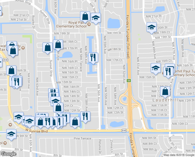 map of restaurants, bars, coffee shops, grocery stores, and more near 5600 Northwest 16th Street in Lauderhill