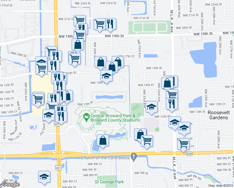 map of restaurants, bars, coffee shops, grocery stores, and more near 3450 Northwest 14th Court in Lauderhill