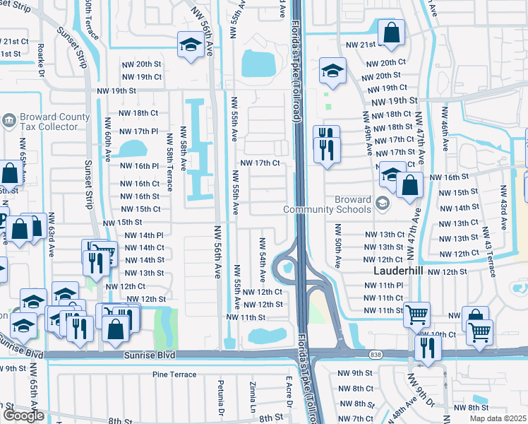 map of restaurants, bars, coffee shops, grocery stores, and more near 5325 Northwest 15th Court in Lauderhill