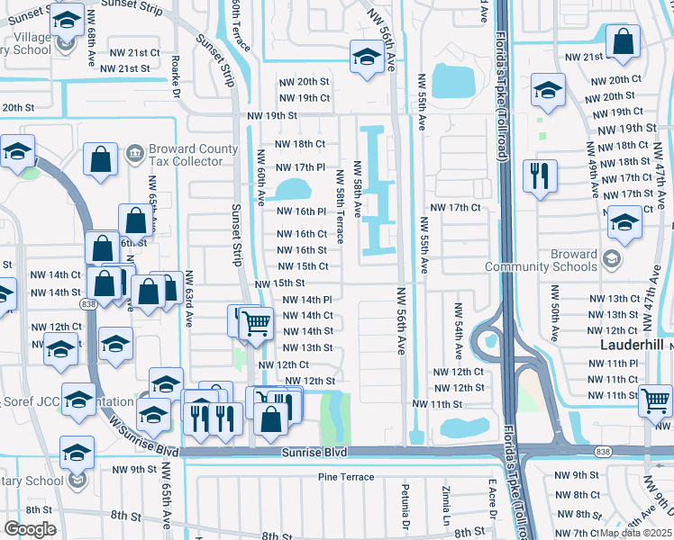 map of restaurants, bars, coffee shops, grocery stores, and more near 5860 Northwest 15th Court in Sunrise