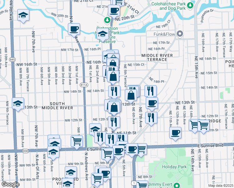 map of restaurants, bars, coffee shops, grocery stores, and more near 1336 Northeast 4th Avenue in Fort Lauderdale