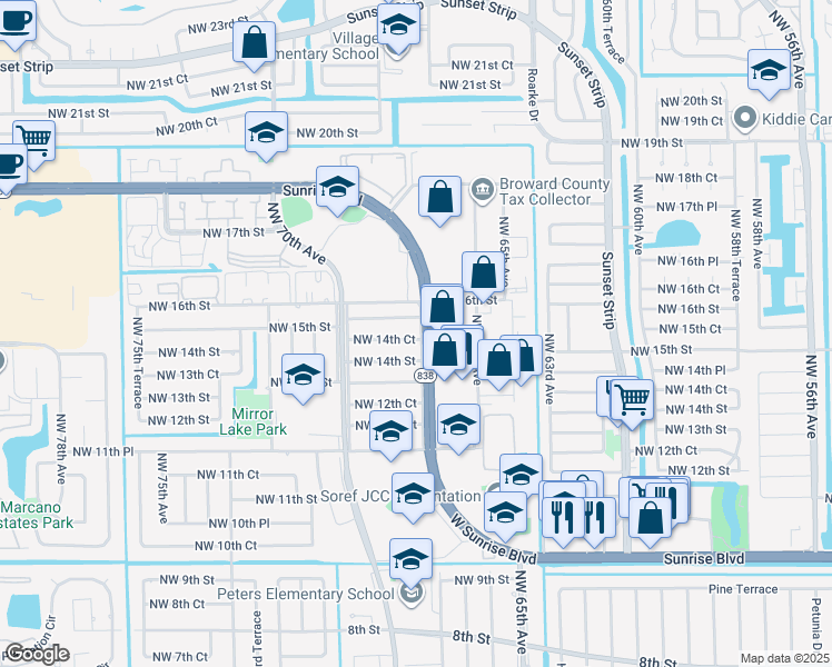 map of restaurants, bars, coffee shops, grocery stores, and more near 6801 Northwest 14th Court in Plantation