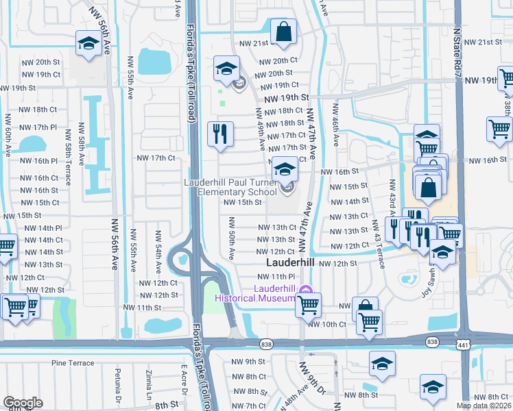 map of restaurants, bars, coffee shops, grocery stores, and more near 4920 Northwest 15th Street in Lauderhill