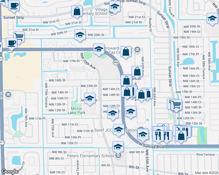map of restaurants, bars, coffee shops, grocery stores, and more near 6885 Northwest 14th Court in Plantation