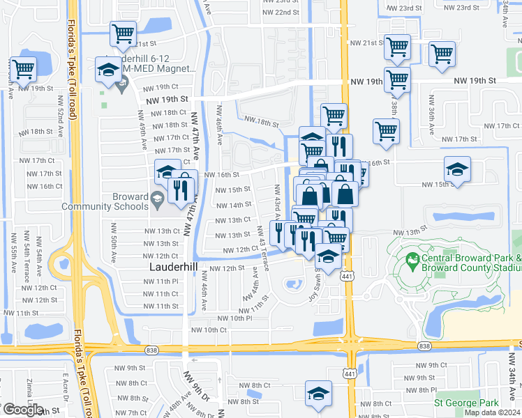 map of restaurants, bars, coffee shops, grocery stores, and more near 1380 Northwest 43 Terrace in Lauderhill