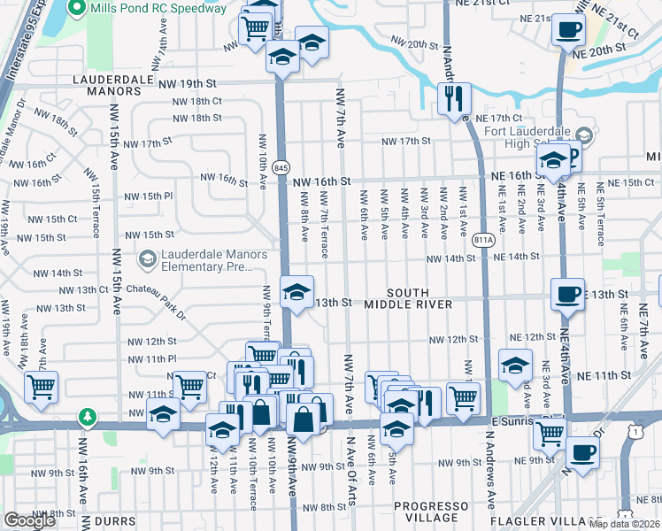 map of restaurants, bars, coffee shops, grocery stores, and more near 1341 Northwest 7th Terrace in Fort Lauderdale