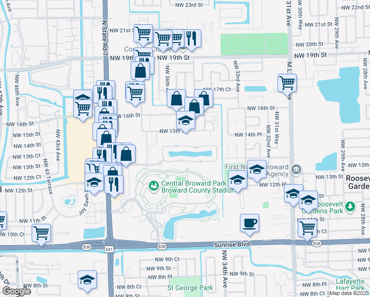 map of restaurants, bars, coffee shops, grocery stores, and more near 3524 Northwest 14th Court in Lauderhill