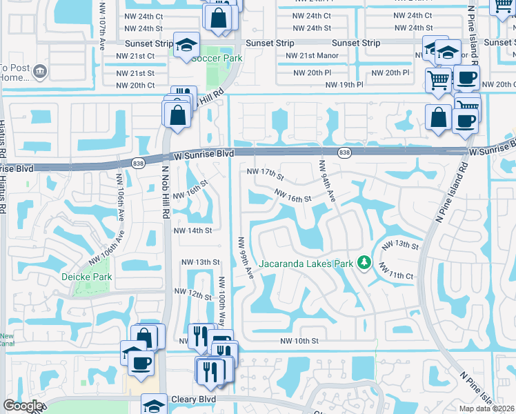 map of restaurants, bars, coffee shops, grocery stores, and more near 9761 Northwest 15th Street in Plantation