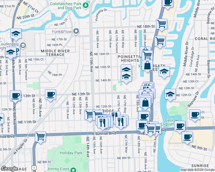 map of restaurants, bars, coffee shops, grocery stores, and more near 1326 Northeast 16th Terrace in Fort Lauderdale