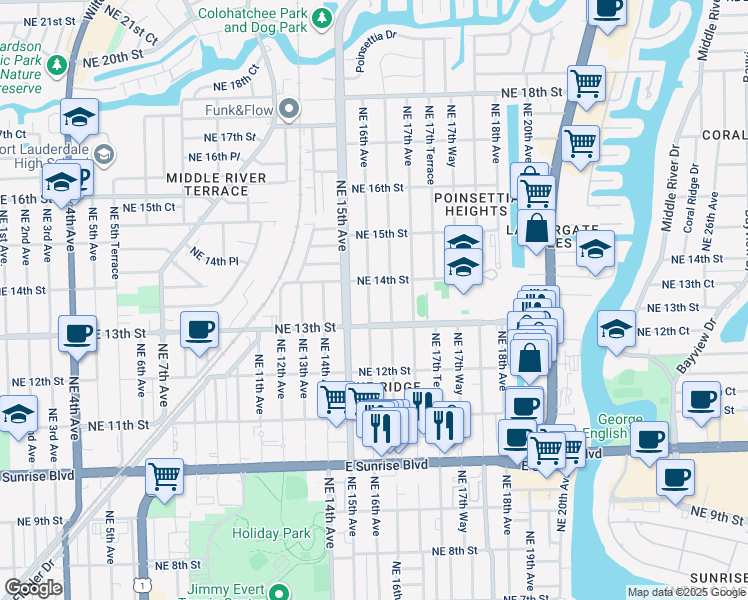 map of restaurants, bars, coffee shops, grocery stores, and more near 1326 Northeast 16th Terrace in Fort Lauderdale