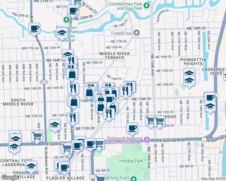 map of restaurants, bars, coffee shops, grocery stores, and more near 1331 Holly Heights Drive in Fort Lauderdale
