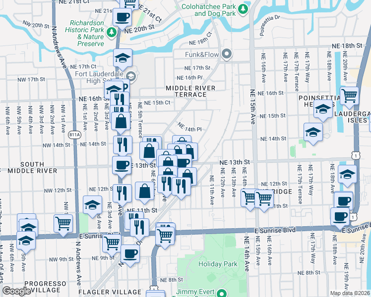 map of restaurants, bars, coffee shops, grocery stores, and more near 1331 Holly Heights Drive in Fort Lauderdale