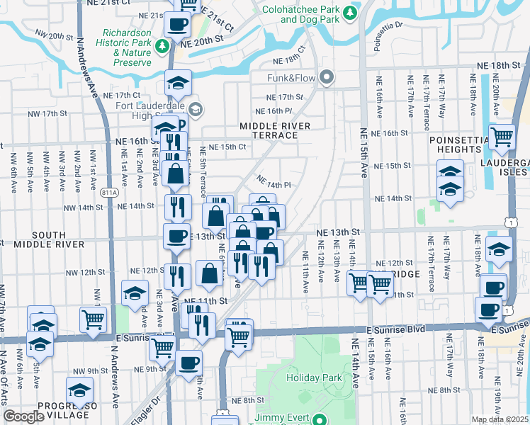 map of restaurants, bars, coffee shops, grocery stores, and more near 1331 Holly Heights Drive in Fort Lauderdale
