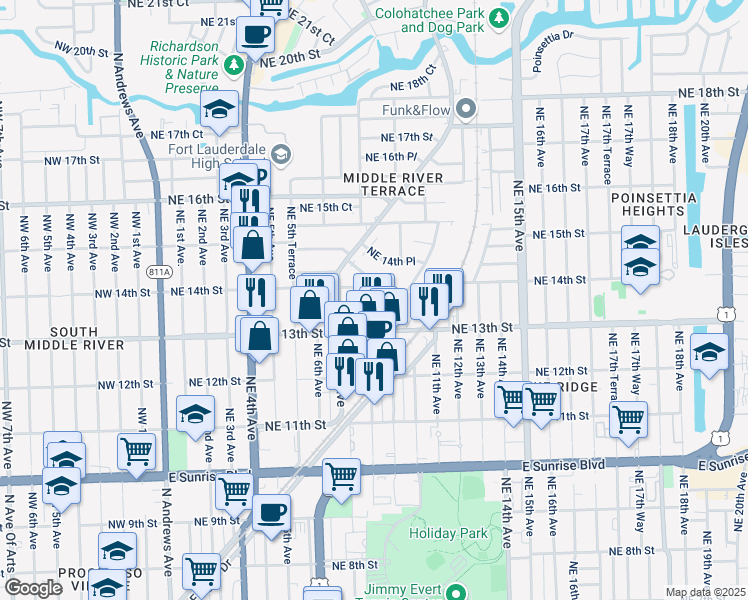 map of restaurants, bars, coffee shops, grocery stores, and more near 717 Northeast 13th Court in Fort Lauderdale