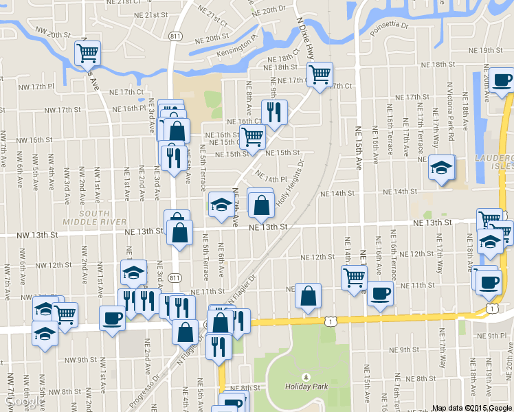 map of restaurants, bars, coffee shops, grocery stores, and more near 717 Northeast 13th Court in Fort Lauderdale
