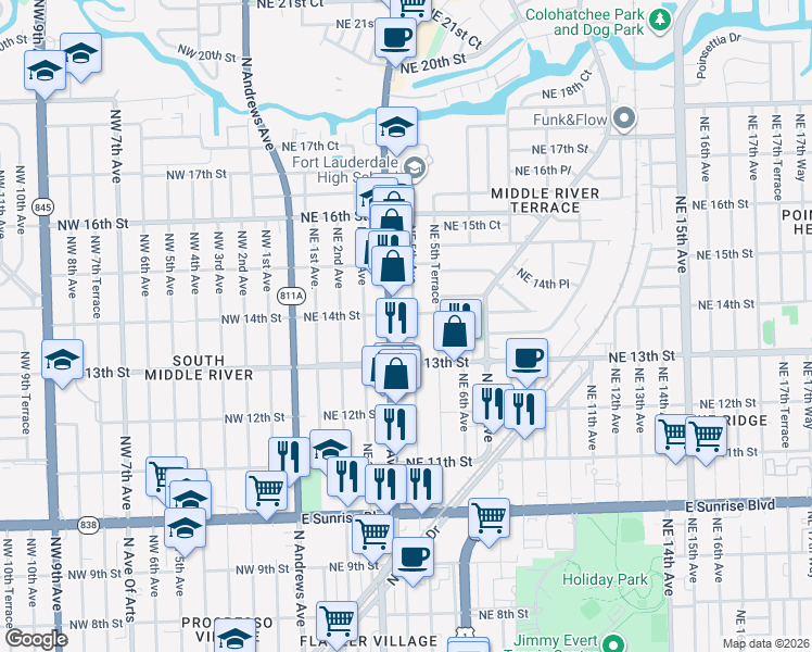 map of restaurants, bars, coffee shops, grocery stores, and more near 1336 Northeast 4th Avenue in Fort Lauderdale