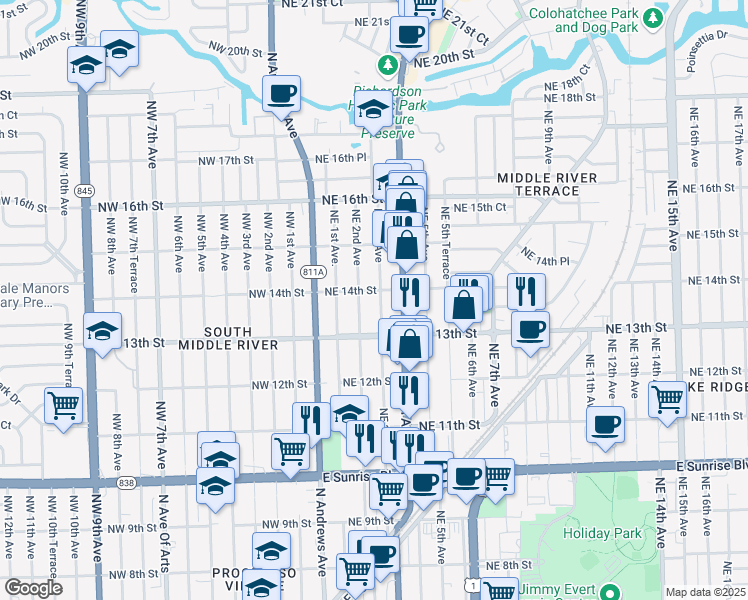 map of restaurants, bars, coffee shops, grocery stores, and more near 1335 Northeast 3rd Avenue in Fort Lauderdale