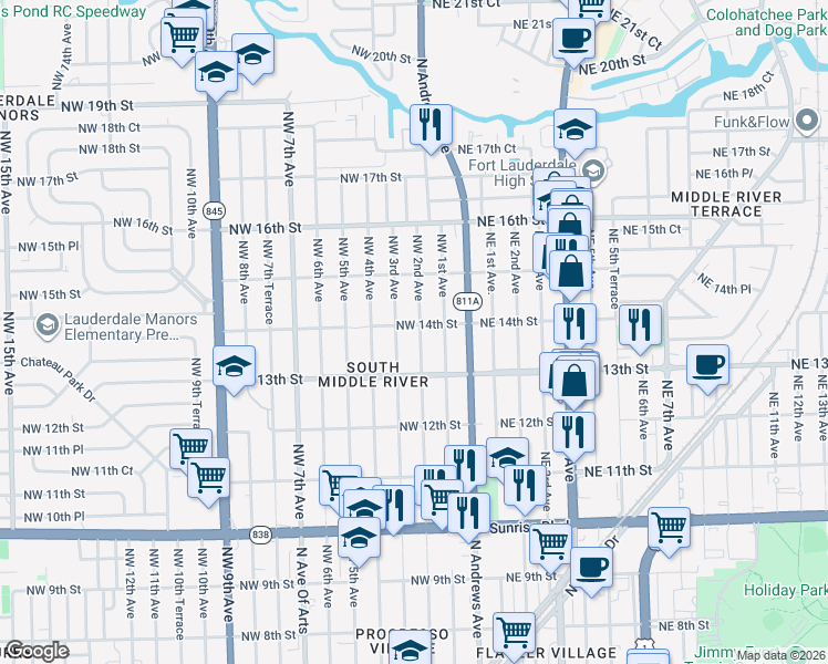 map of restaurants, bars, coffee shops, grocery stores, and more near 1337 Northwest 2nd Avenue in Fort Lauderdale