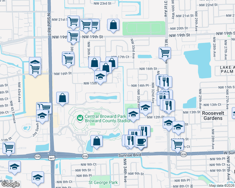 map of restaurants, bars, coffee shops, grocery stores, and more near 1436 Northwest 34th Way in Lauderhill