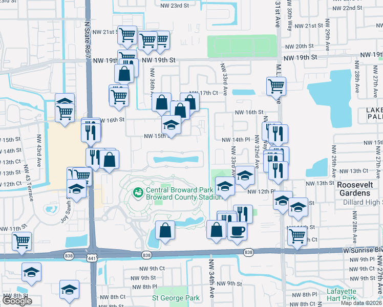 map of restaurants, bars, coffee shops, grocery stores, and more near 3450 Northwest 14th Court in Lauderhill